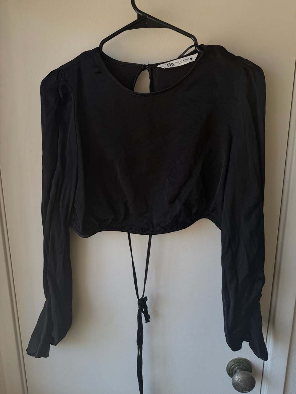 Zara Black Long Sleeve Open-Back Satin Crop Top